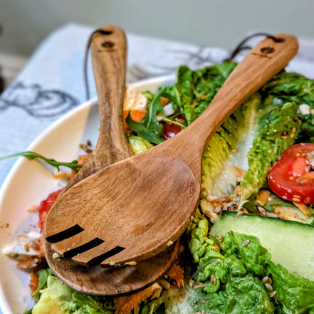 Wooden Summer Salad Servers | Sustainable Acacia Natural Food Servers with Hang Tie