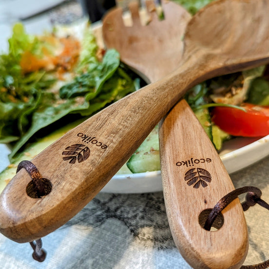 Wooden Summer Salad Servers | Sustainable Acacia Natural Food Servers with Hang Tie