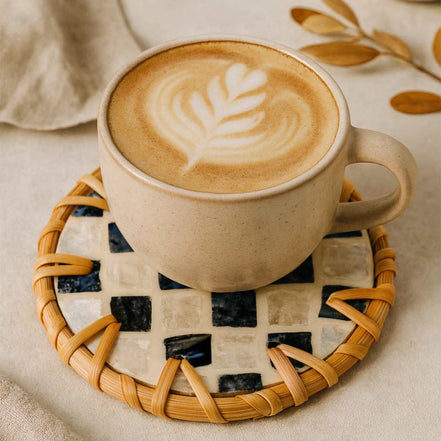 Handmade Natural Rattan & Mother of Pearl Coaster Set (6 Piece + Holder) • Drift