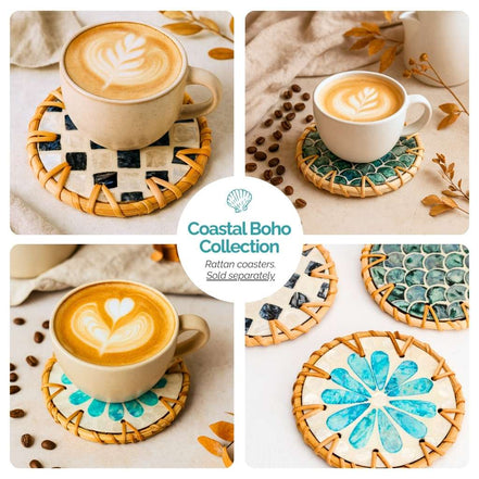 Handmade Natural Rattan & Mother of Pearl Coaster Set (6 Piece + Holder) • Drift-4