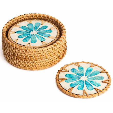 Handmade Natural Rattan & Mother of Pearl Coaster Set (6 Piece + Holder) • Ripple