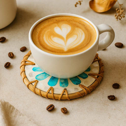 Handmade Natural Rattan & Mother of Pearl Coaster Set (6 Piece + Holder) • Ripple