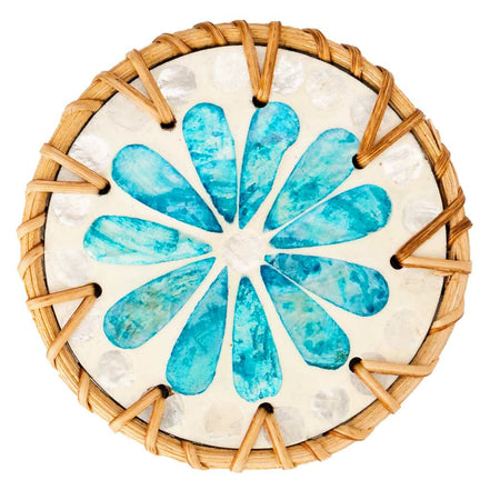 Handmade Natural Rattan & Mother of Pearl Coaster Set (6 Piece + Holder) • Ripple
